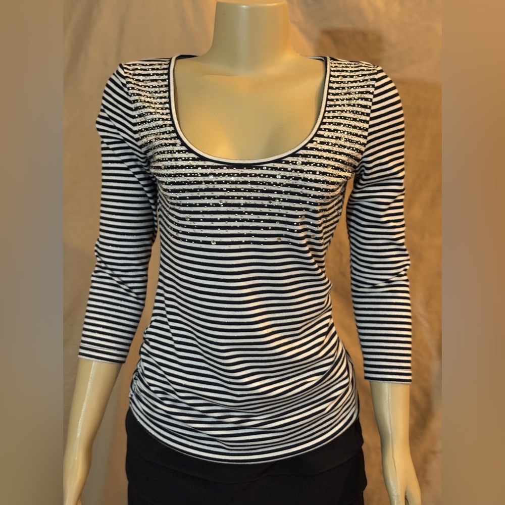 Cache Black and White Striped Long Sleeve Top